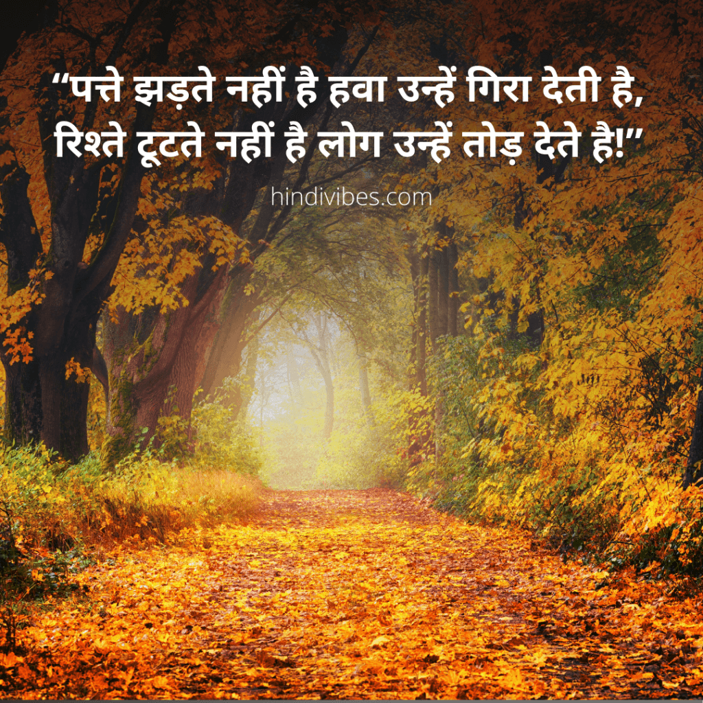 "पत्ते झड़ते नहीं है हवा उन्हें गिरा देती है, रिश्ते टूटते नहीं है लोग उन्हें तोड़ देते हैं." - Real Life quote on image in Hindi