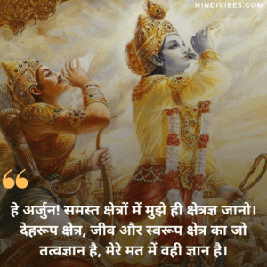 Bhagavad Gita quotes in Hindi - हे अर्जुन! समस्त क्षेत्रों में मुझे ही क्षेत्रज्ञ जानो। देहरूप क्षेत्र, जीव और स्वरूप क्षेत्र का जो तत्वज्ञान है, मेरे मत में वही ज्ञान है।